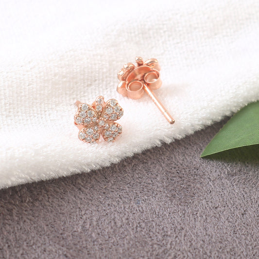 Rose Gold Clover Stud Earrings – Sparkling Four-Leaf CZ Earrings for Women