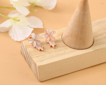 Rose Gold Floral Stud Earrings – Champagne Cat-Eye Flower Earrings with CZ Leaf Detailing