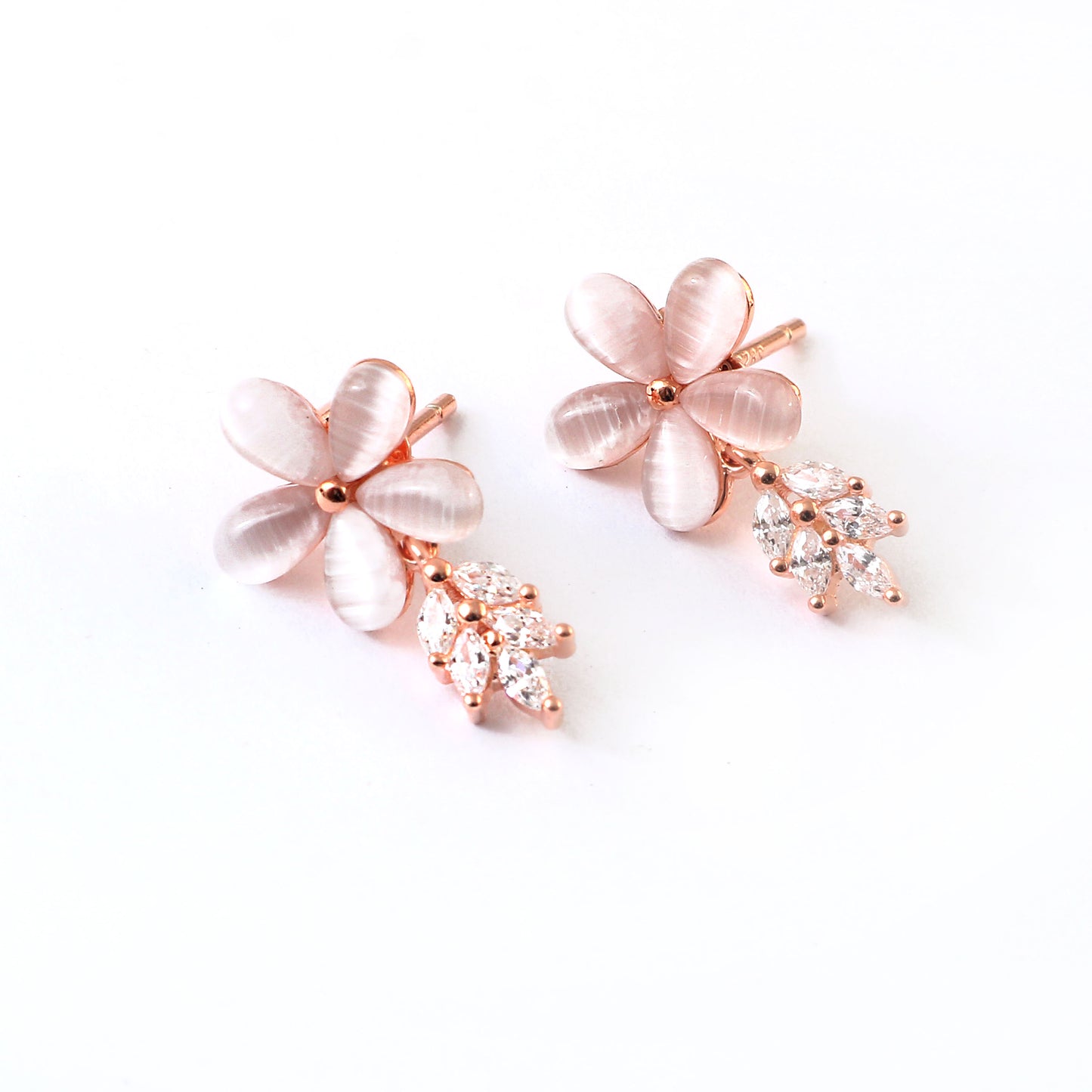 Rose Gold Floral Stud Earrings – Champagne Cat-Eye Flower Earrings with CZ Leaf Detailing