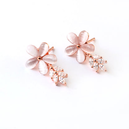 Rose Gold Floral Stud Earrings – Champagne Cat-Eye Flower Earrings with CZ Leaf Detailing