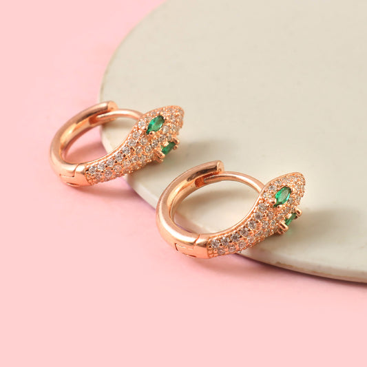 Rose Gold Snake Huggie Earrings – Green CZ Eyes Pavé Hoop Earrings for Women