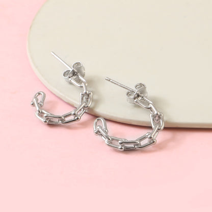 Sterling Silver Chain-Link Hoop Earrings – Minimal Geometric Stud Hoops for Women