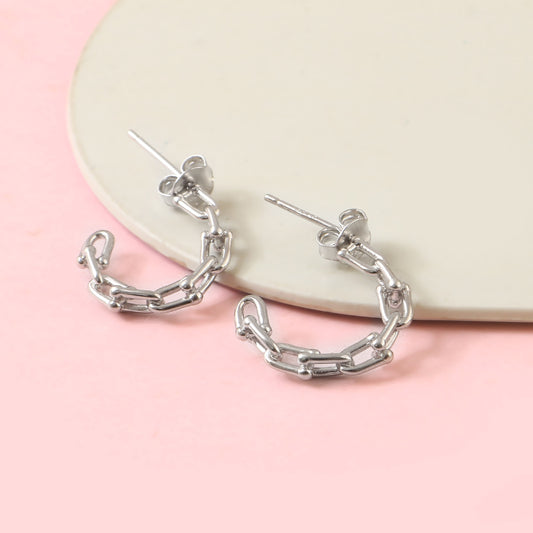 Sterling Silver Chain-Link Hoop Earrings – Minimal Geometric Stud Hoops for Women
