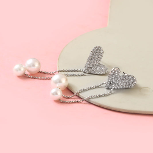 Silver Heart & Pearl Drop Earrings – Pavé CZ Studs with Dual Pearl Chains for Women