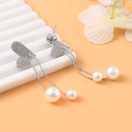Silver Heart & Pearl Drop Earrings – Pavé CZ Studs with Dual Pearl Chains for Women