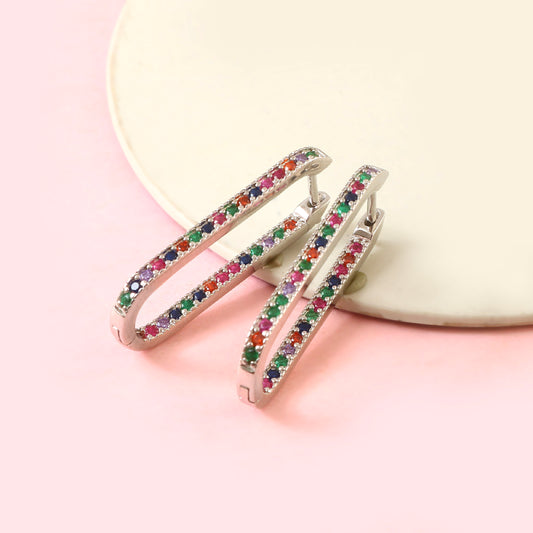 Silver Rainbow Gemstone Hoop Earrings – Rectangular Multicolor CZ Huggie Hoops for Women