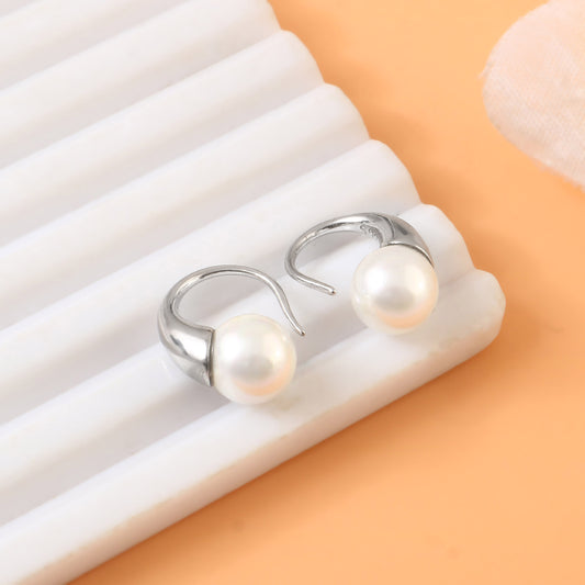 Sterling Silver Pearl Half Hoop Earrings – Minimal Elegant White Pearl Studs for Women