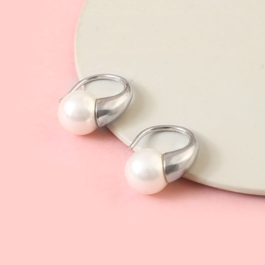 Sterling Silver Pearl Half Hoop Earrings – Minimal Elegant White Pearl Studs for Women