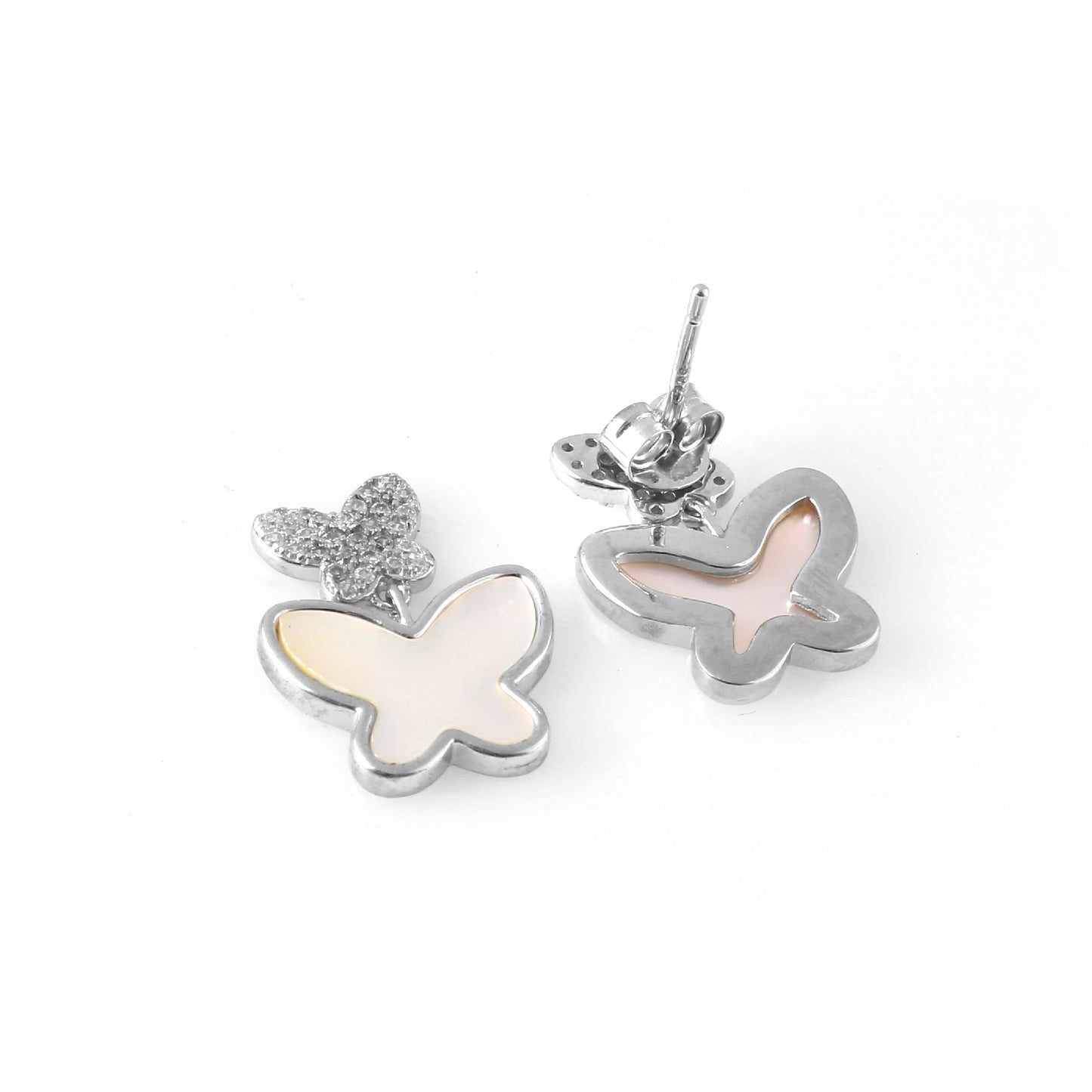Silver Butterfly Drop Earrings – Mother of Pearl Inlay Studs for Women | 925 Sterling Silver Butterfly Jewelry