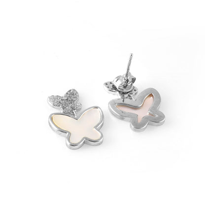 Silver Butterfly Drop Earrings – Mother of Pearl Inlay Studs for Women | 925 Sterling Silver Butterfly Jewelry