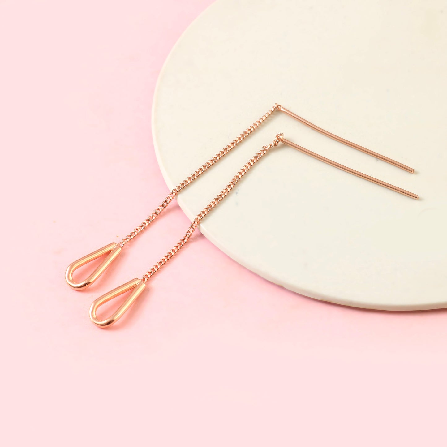 Rose Gold Teardrop Threader Earrings – Minimal Chain Drop Earrings in 925 Sterling Silver