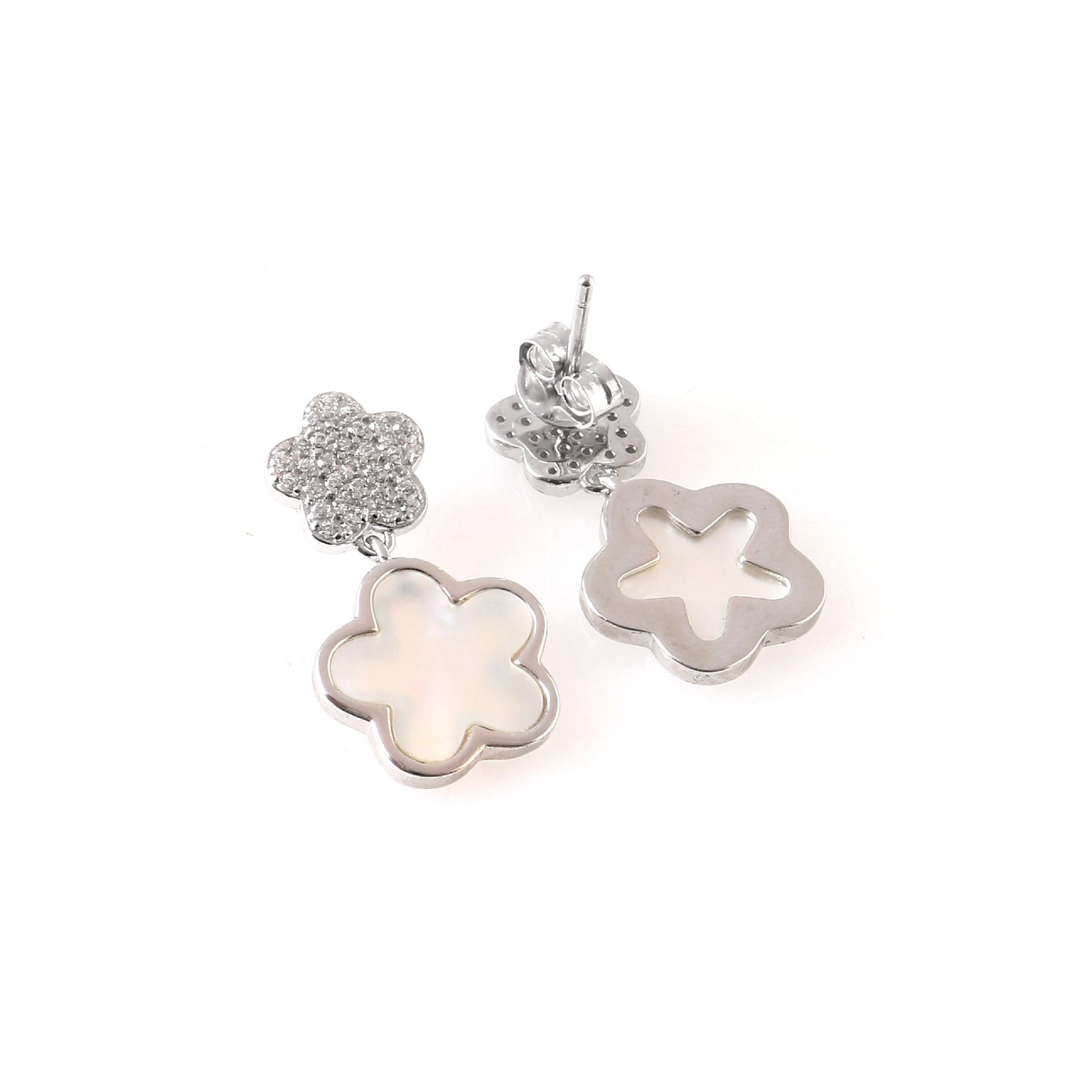 Silver Floral Drop Earrings – Mother of Pearl Inlay & CZ Studs | 925 Sterling Silver Flower Earrings