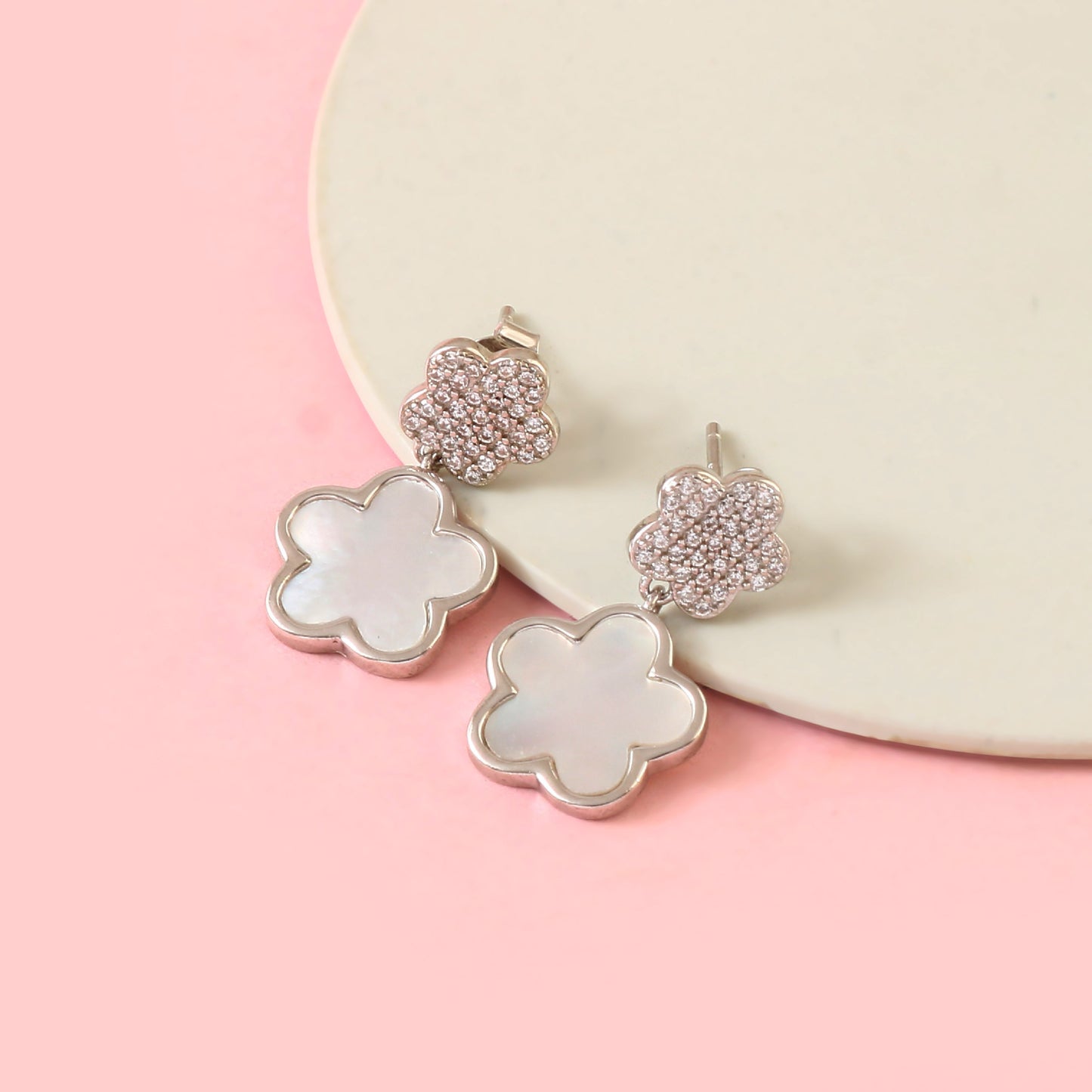 Silver Floral Drop Earrings – Mother of Pearl Inlay & CZ Studs | 925 Sterling Silver Flower Earrings