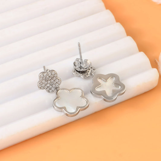 Silver Floral Drop Earrings – Mother of Pearl Inlay & CZ Studs | 925 Sterling Silver Flower Earrings
