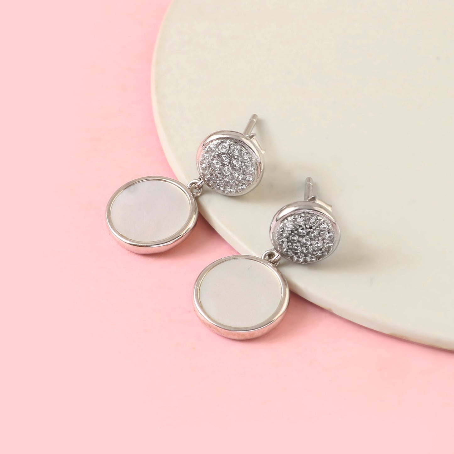 Silver Round Drop Earrings – Mother of Pearl Inlay & CZ Studs | 925 Sterling Silver Dangle Earrings