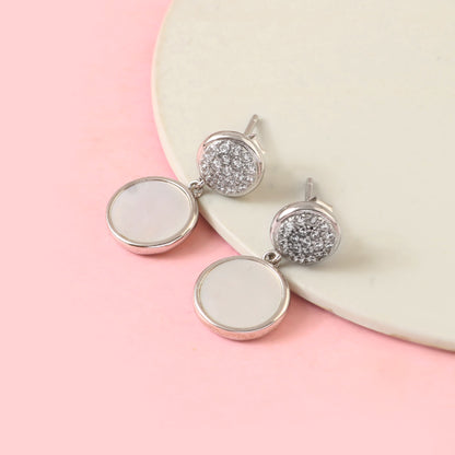 Silver Round Drop Earrings – Mother of Pearl Inlay & CZ Studs | 925 Sterling Silver Dangle Earrings