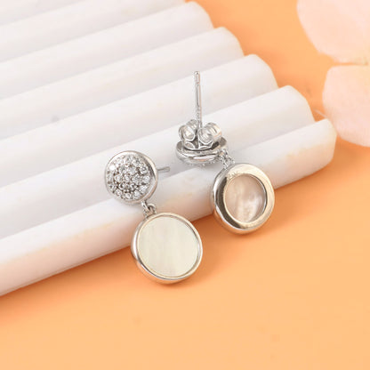 Silver Round Drop Earrings – Mother of Pearl Inlay & CZ Studs | 925 Sterling Silver Dangle Earrings