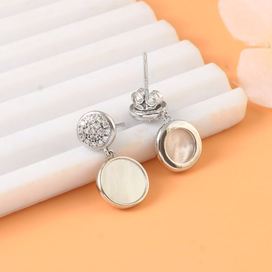 Silver Round Drop Earrings – Mother of Pearl Inlay & CZ Studs | 925 Sterling Silver Dangle Earrings