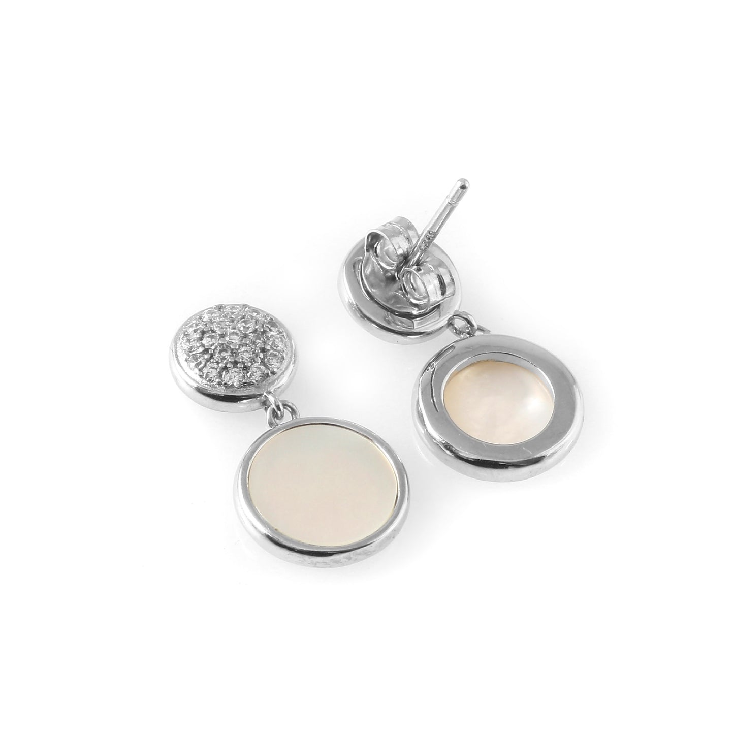 Silver Round Drop Earrings – Mother of Pearl Inlay & CZ Studs | 925 Sterling Silver Dangle Earrings