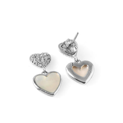 Silver Heart Drop Earrings – Mother of Pearl Inlay & CZ Studs | 925 Sterling Silver Romantic Jewelry