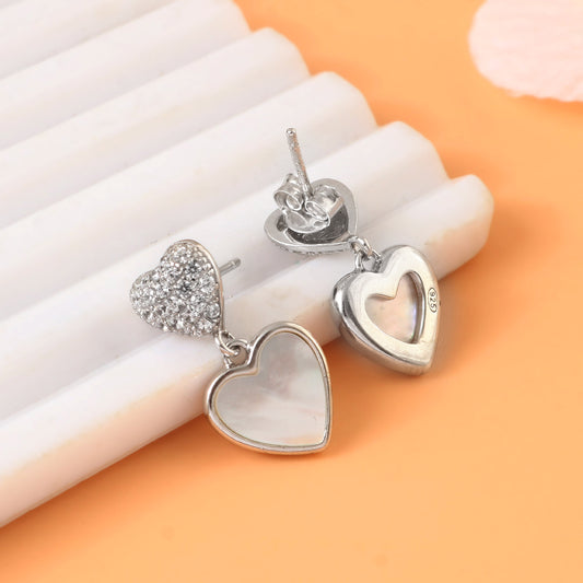 Silver Heart Drop Earrings – Mother of Pearl Inlay & CZ Studs | 925 Sterling Silver Romantic Jewelry