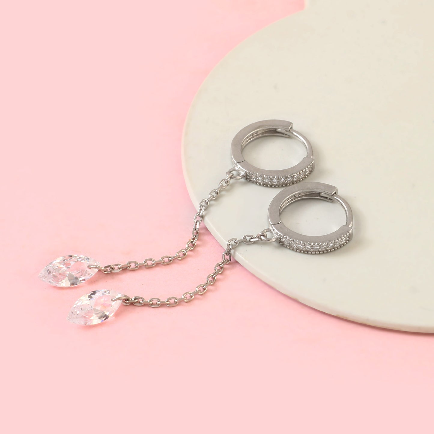 925 Silver Chain Drop Hoop Earrings – CZ Dangle Hoops with Teardrop Crystals | Elegant Statement Earrings