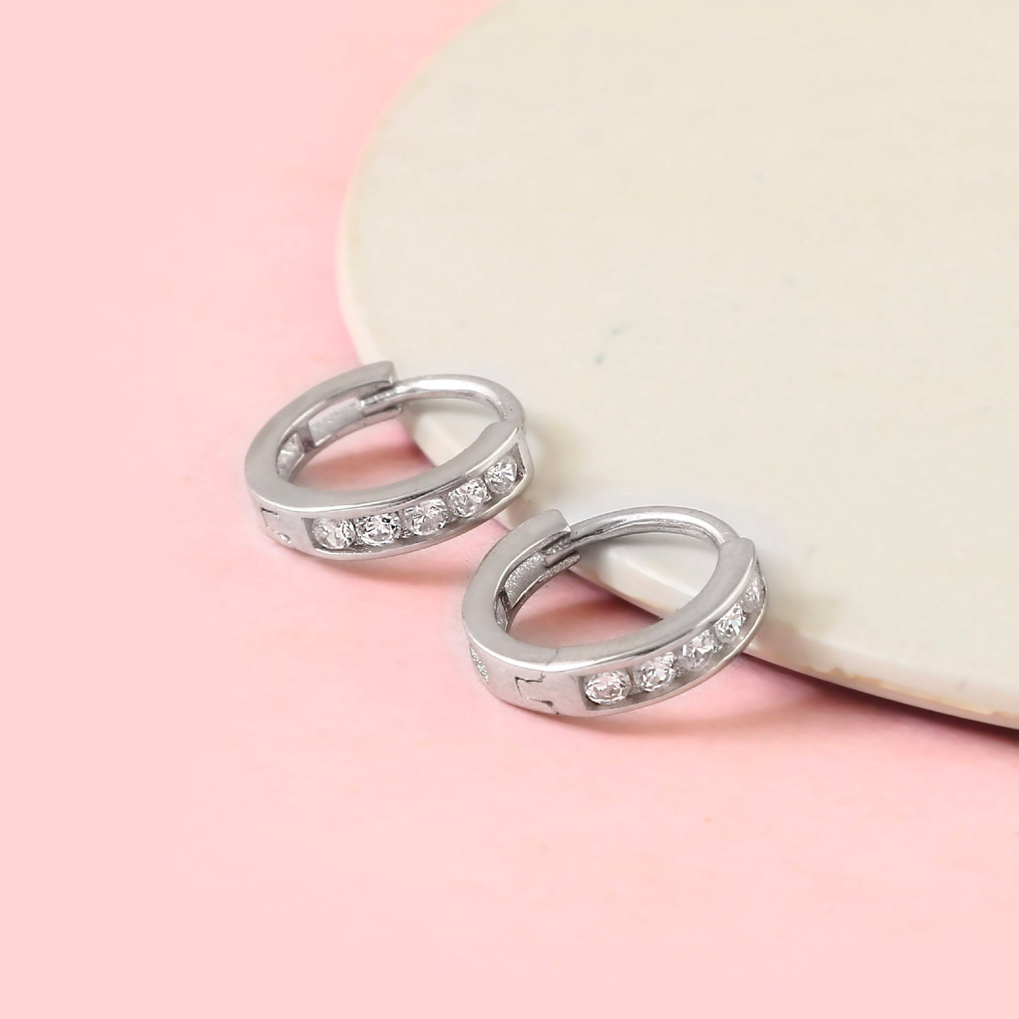 925 Sterling Silver CZ Huggie Hoop Earrings | Minimal Everyday Silver Hoops for Women