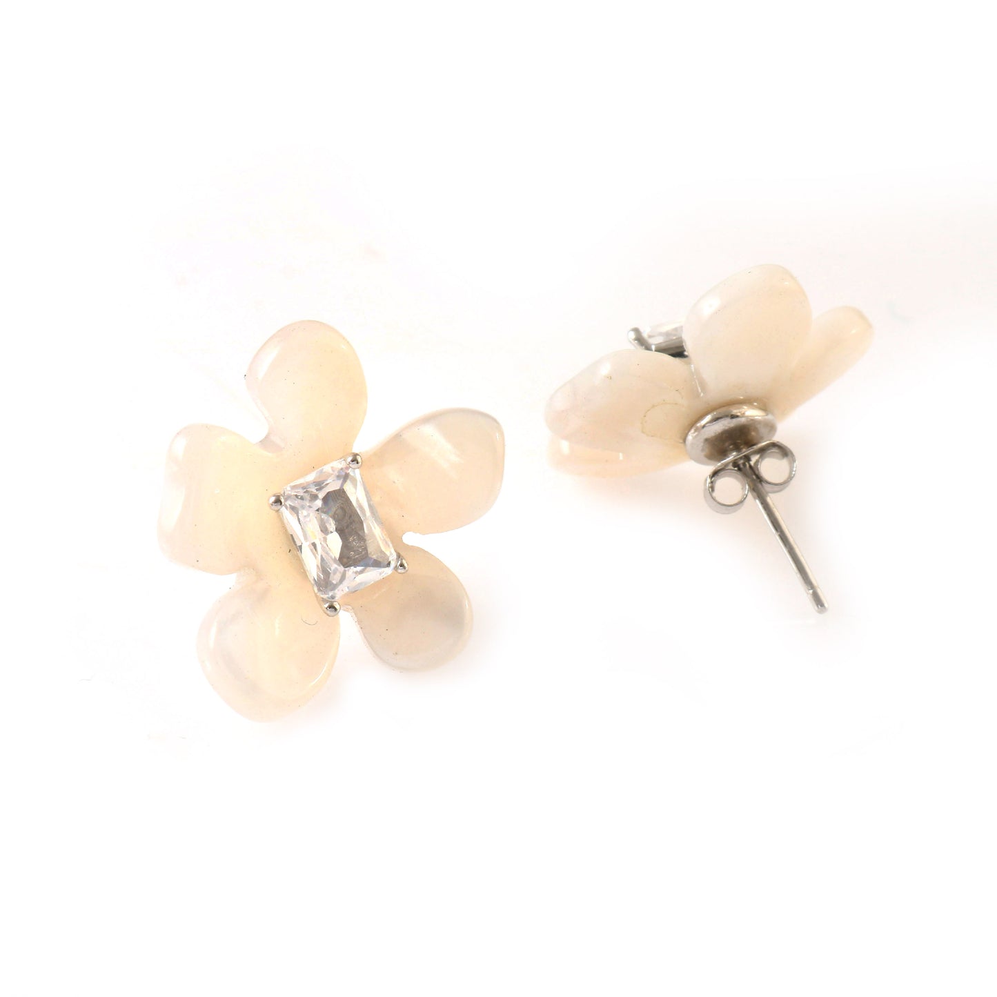 White Flower Stud Earrings | 925 Silver Floral Earrings with CZ Center Stone | Elegant Mother of Pearl Look