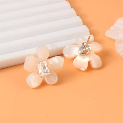 White Flower Stud Earrings | 925 Silver Floral Earrings with CZ Center Stone | Elegant Mother of Pearl Look