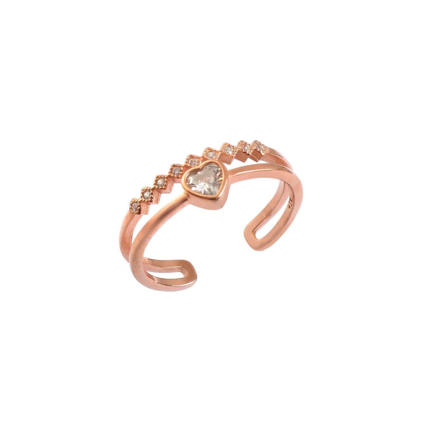 Rose Gold Heart Adjustable Ring | 925 Silver CZ Open Band Ring for Women