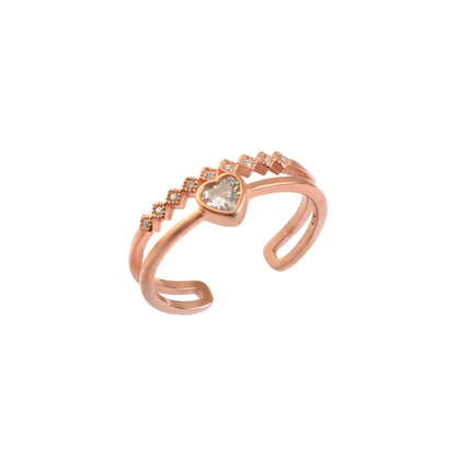 Rose Gold Heart Adjustable Ring | 925 Silver CZ Open Band Ring for Women