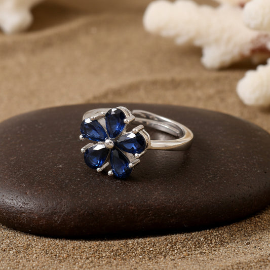 925 Silver Blue Sapphire Flower Ring | Petal Design Adjustable Sterling Silver Ring for Women