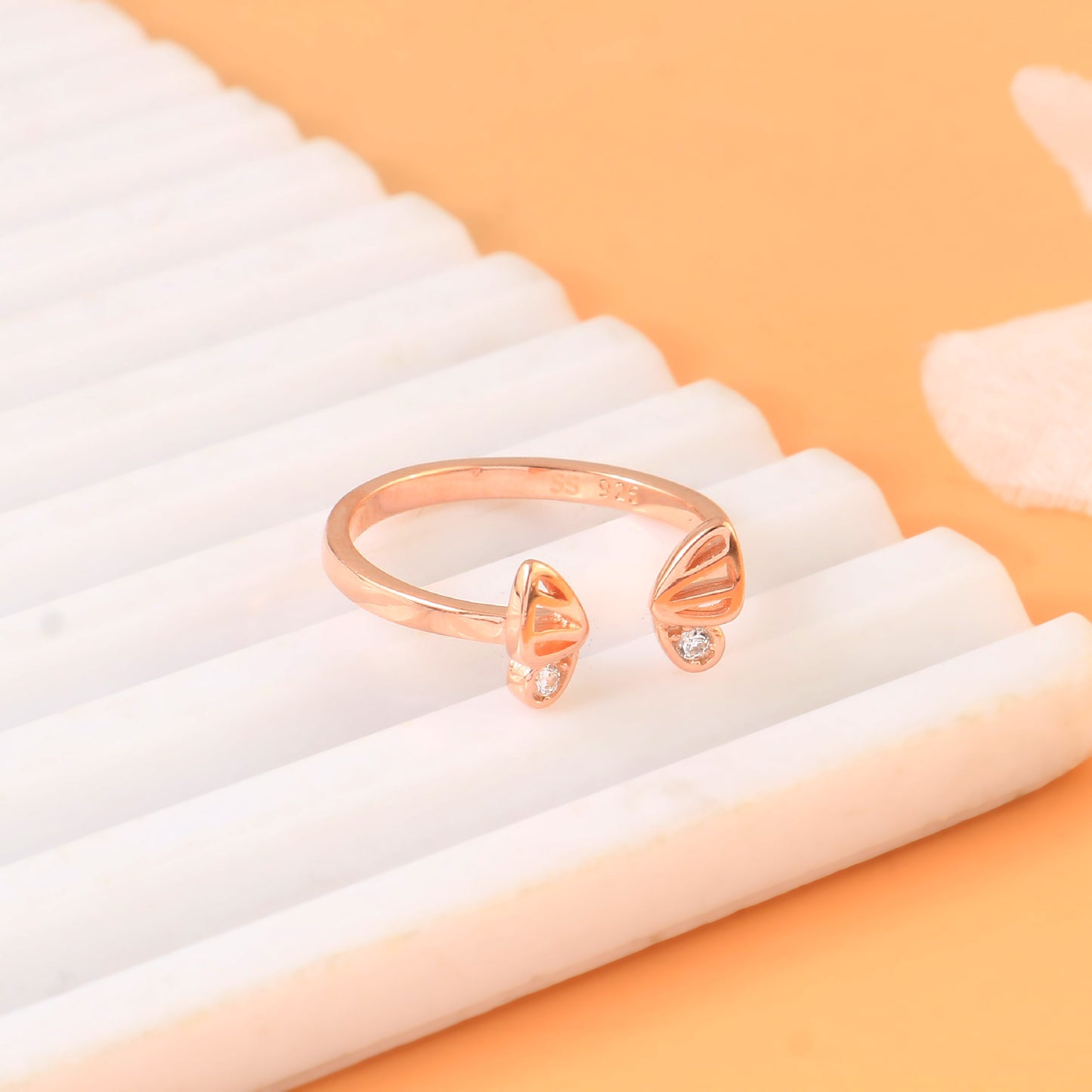 Rose Gold Butterfly Wing Ring | 925 Silver Open Adjustable CZ Ring for Women