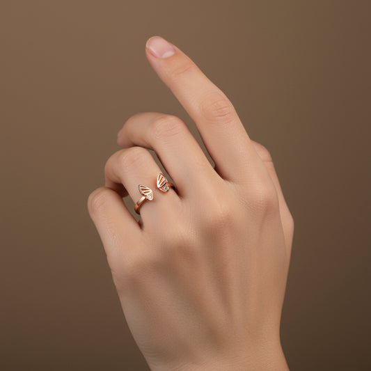 Rose Gold Butterfly Wing Ring | 925 Silver Open Adjustable CZ Ring for Women