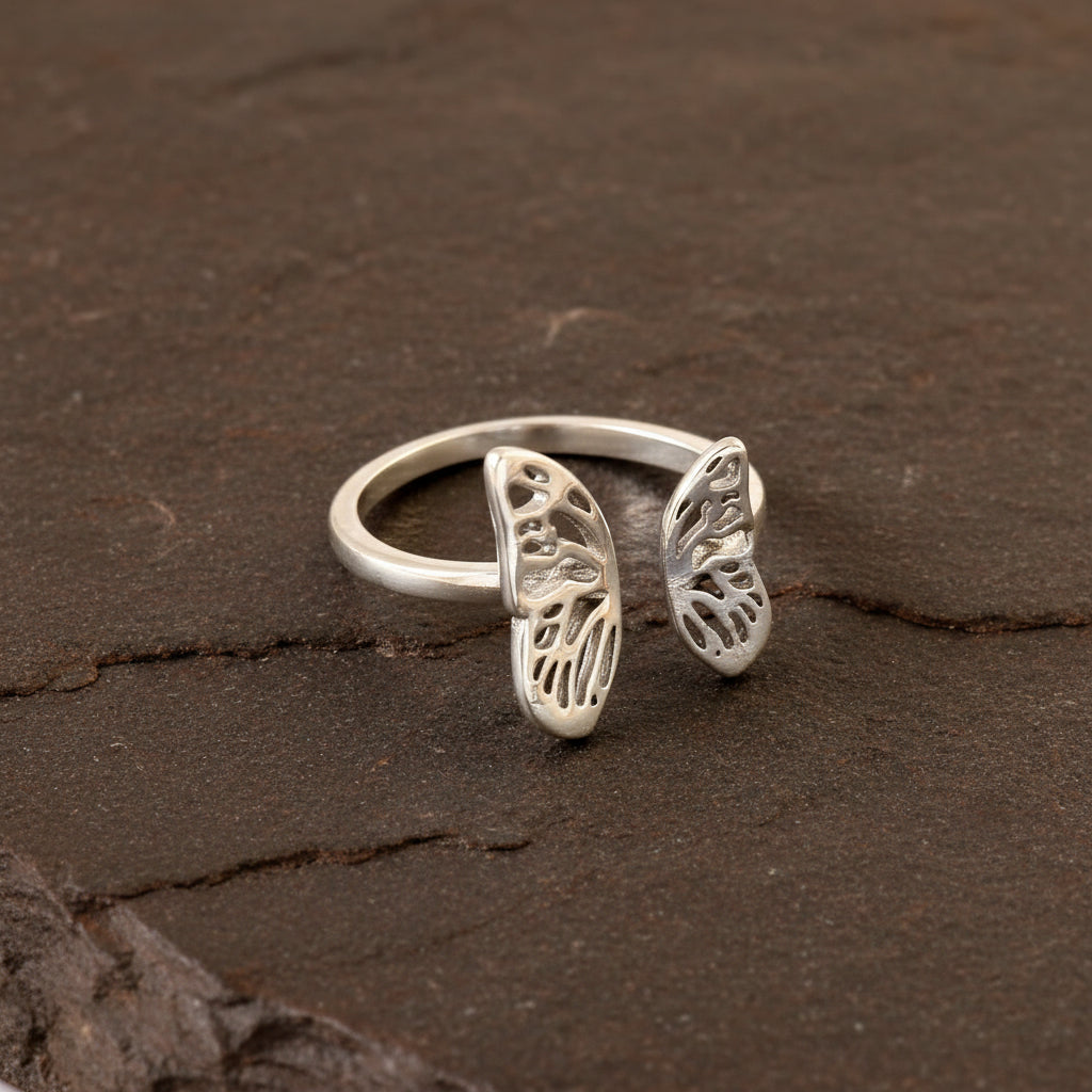 925 Silver Butterfly Wing Ring | Adjustable Sterling Silver Nature-Inspired Open Ring for Women