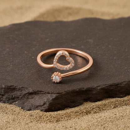 925 Rose Gold Open Heart Ring | Adjustable Silver Ring with CZ Stones | Dainty Love Jewelry for Women