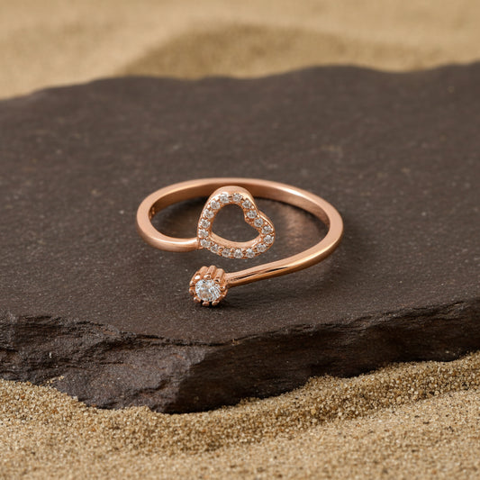 925 Rose Gold Open Heart Ring | Adjustable Silver Ring with CZ Stones | Dainty Love Jewelry for Women