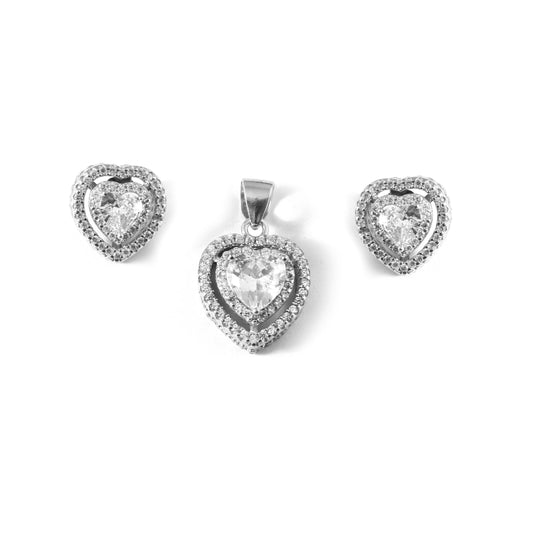 925 Silver Heart Halo Pendant & Earring Set with CZ Stones