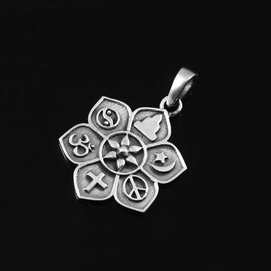 Sterling Silver Unity Symbol Pendant – Multi-Faith Flower Design