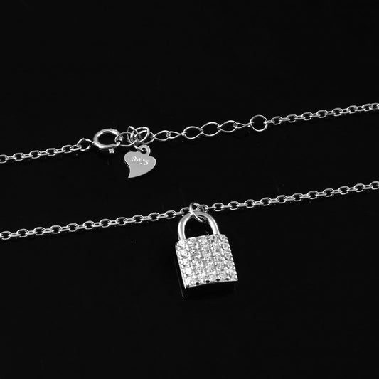 925 Silver Lock Pendant Necklace with Zircon Accents