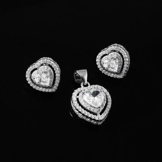 925 Silver Heart Halo Pendant & Earring Set with CZ Stones