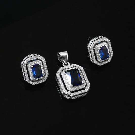 Regal Blue Sapphire Halo Pendant Set in 925 Silver