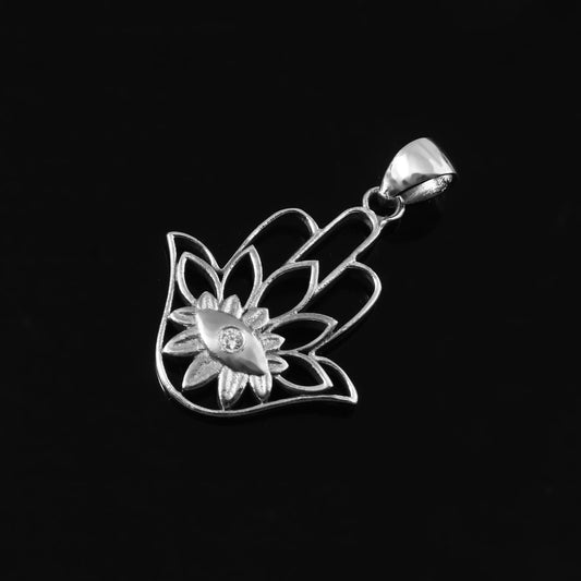 925 Silver Hamsa Hand Pendant with Evil Eye and Lotus Flower