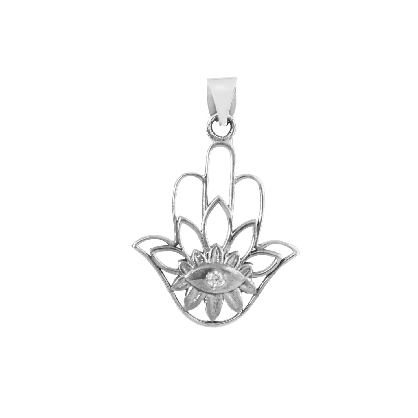 925 Silver Hamsa Hand Pendant with Evil Eye and Lotus Flower