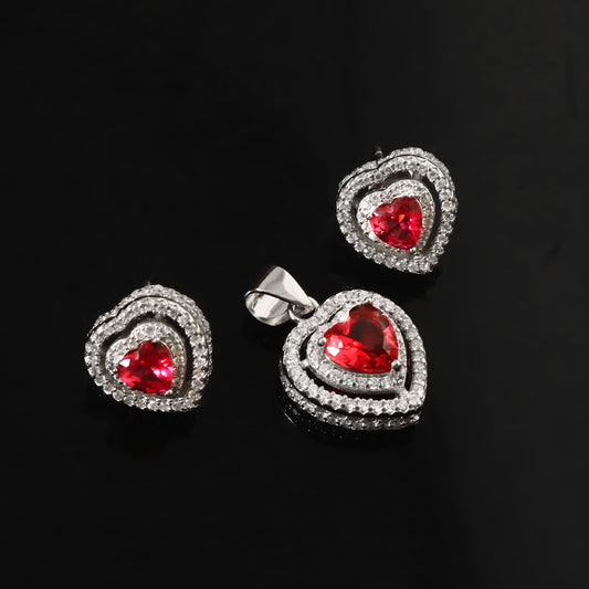 Radiant Ruby Heart Pendant & Earrings Set