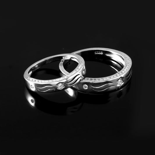 Sterling Silver Couple Rings with Star & Wave Design – Zircon Stone Set