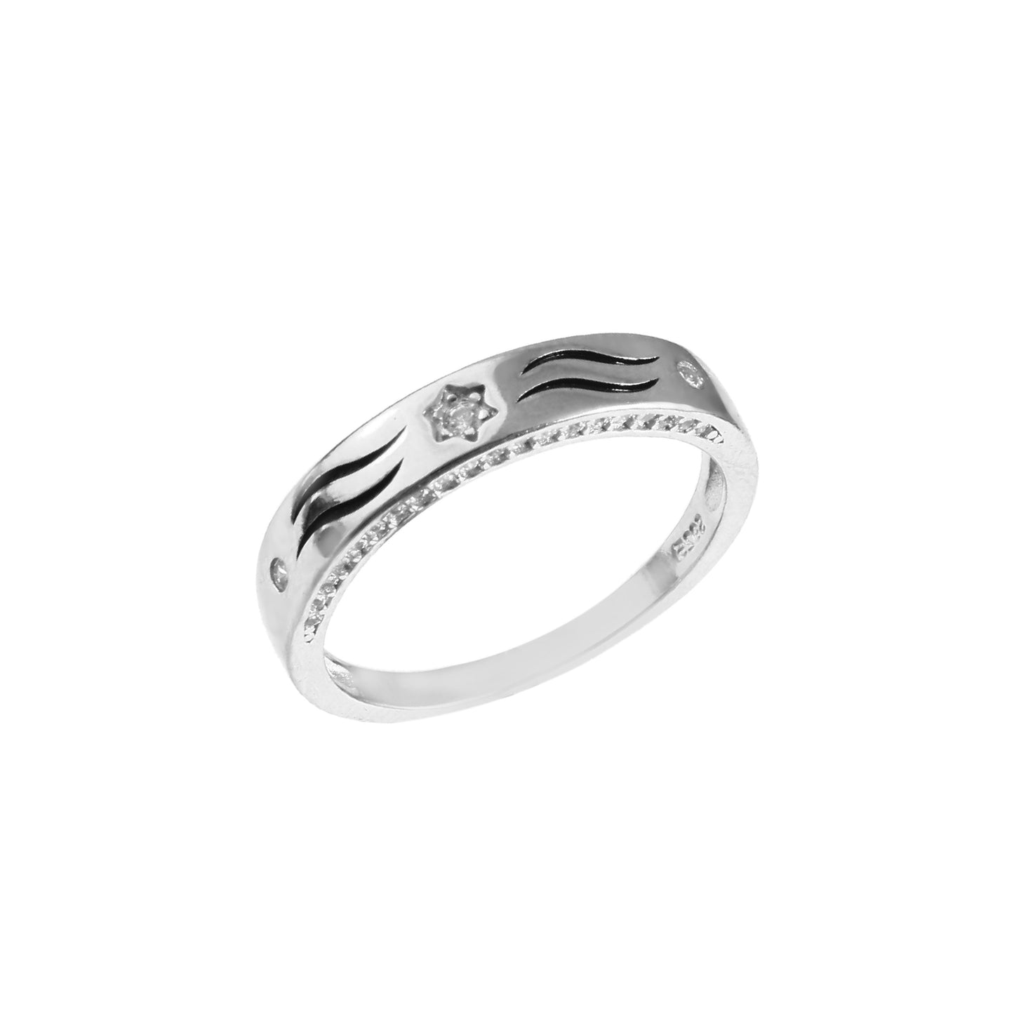 Sterling Silver Couple Rings with Star & Wave Design – Zircon Stone Set