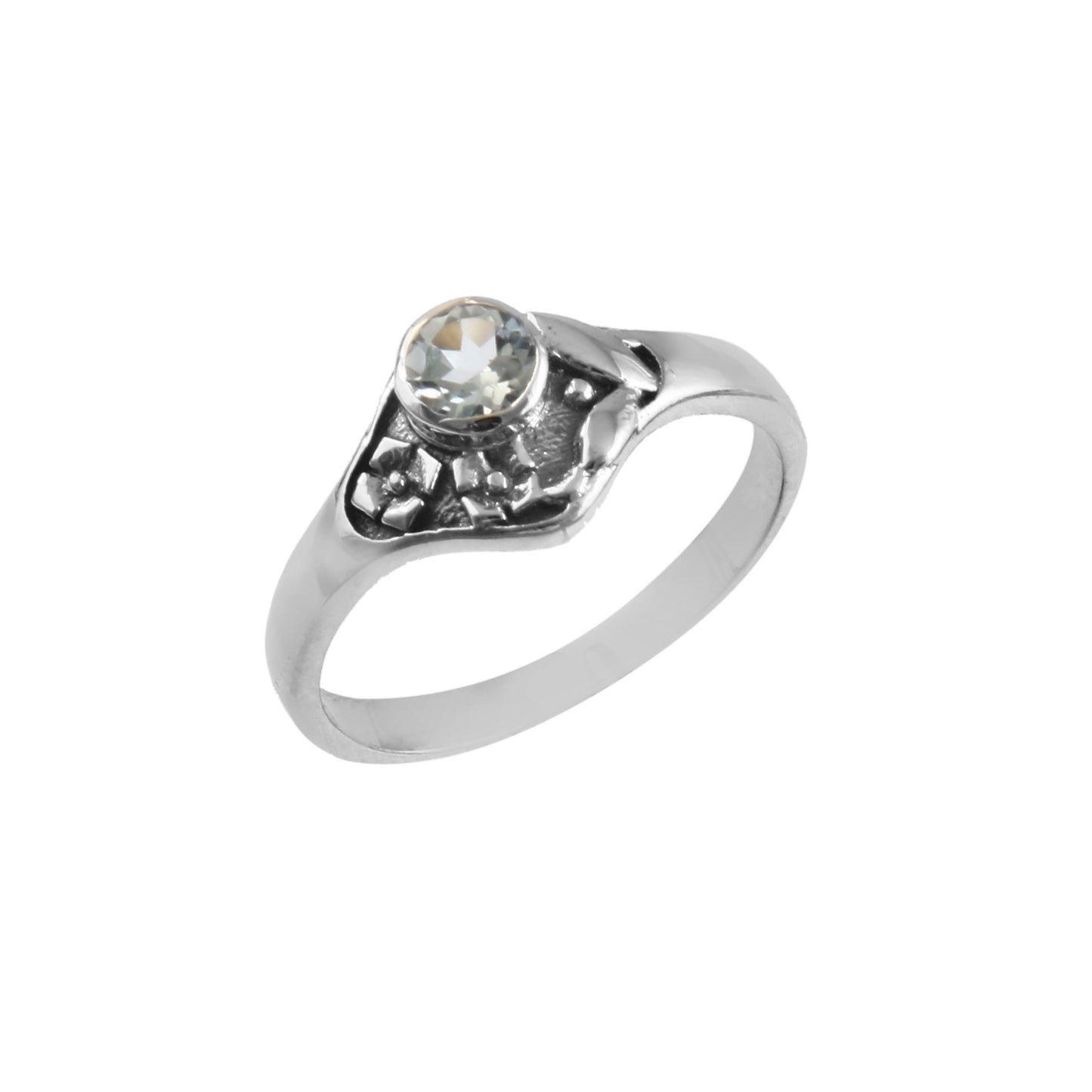 925 Silver Blue Topaz Solitaire Ring – Delicate Vintage-Inspired Floral Design