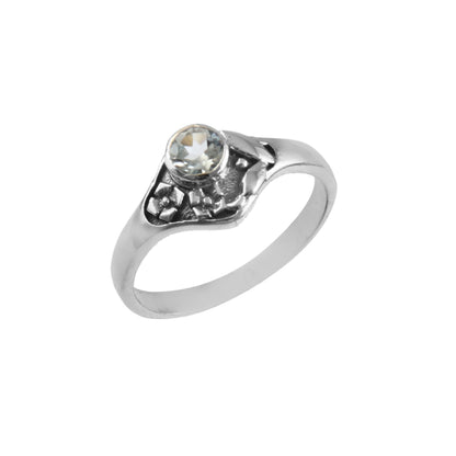 925 Silver Blue Topaz Solitaire Ring – Delicate Vintage-Inspired Floral Design