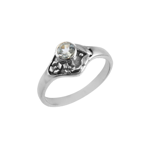 925 Silver Blue Topaz Solitaire Ring – Delicate Vintage-Inspired Floral Design